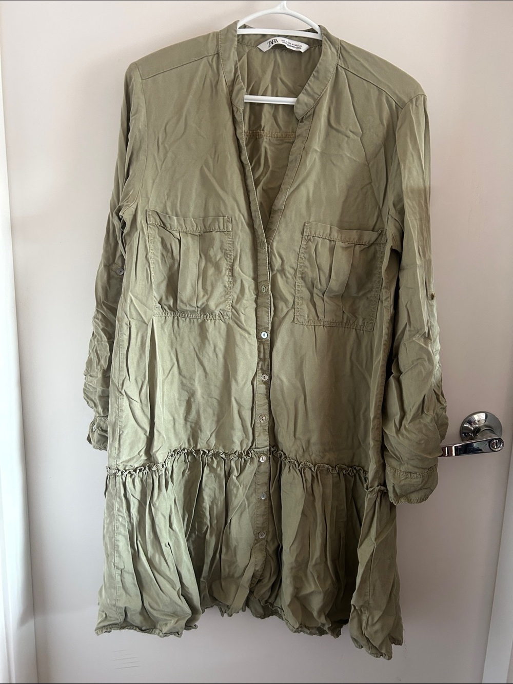Like new Zara 100% lyocell Sage Green Tiered Shirt Dress size M
